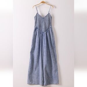 Very J Light Blue Denim-Look Smocked Jumpsuit